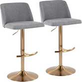 Toriano Adjustable Swivel Bar Stool in Grey Fabric & Gold (Set of 2)